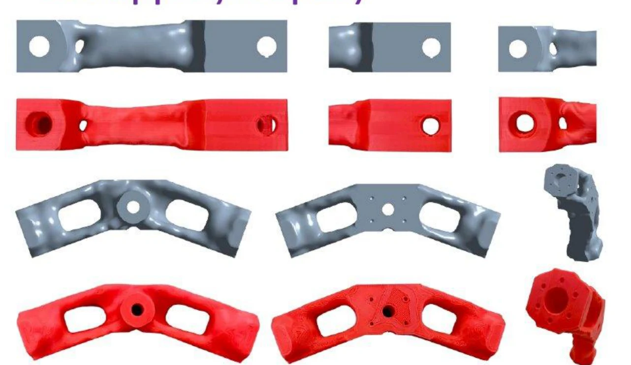 Comparison of optimised component models and red printed prototypes from the supplied presentation